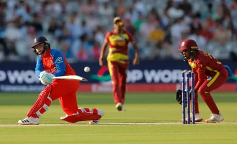 England's Danni Wyatt-Hodge sweeps for more runs during England’s comprehensive win against West Indies.