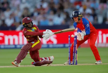 Shemaine Campbelle is bowled by Sophie Ecclestone.