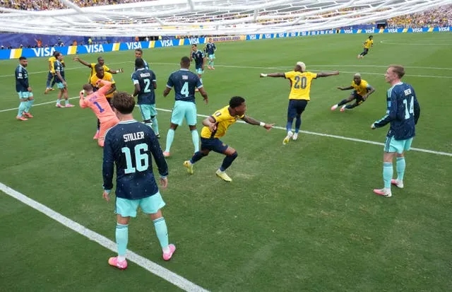 Gonzalo Plata #19 of Ecuador celebrates scoring his team's second goal during the FIFA World Cup 2026 Group E match between Ecuador and Germany