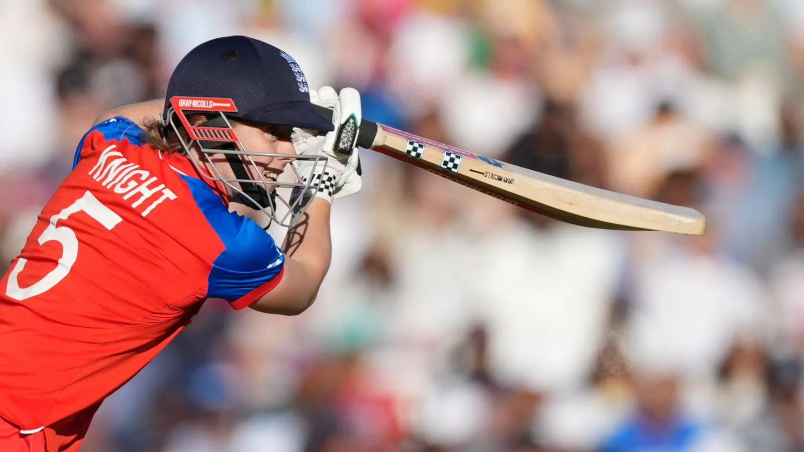 England's Heather Knight plays a shot during the Women's T20 Cricket World Cup semifinal match between England and South Africa in London, Thursday, July 2, 2026. (AP Photo/Alastair Grant)
