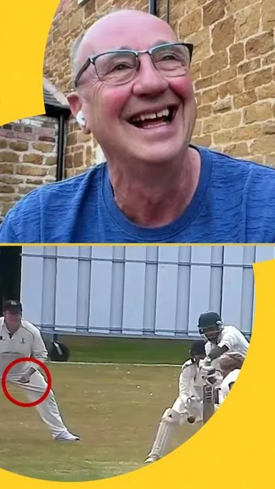 A split screen of Jonathan Agnew smiling, and a screenshot of the finger-clicking scandal at Saltburn CC.