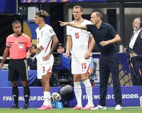 Thomas Tuchel prepares to bring on Nico O'Reilly and Dan Burn late in the World Cup semi-final against Argentina.