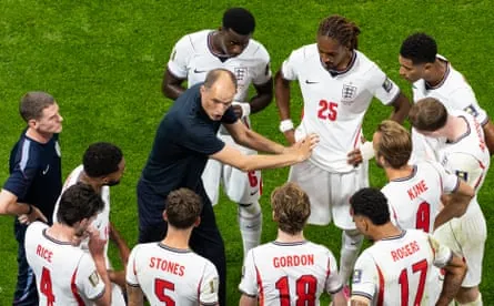 Thomas Tuchel talks to his England players in a hydration break during the World Cup semi-final.