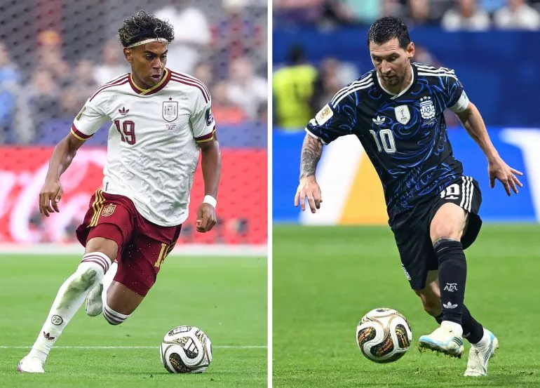 (COMBO) This combination of file photos created on July 16, 2026, shows Spain's forward #19 Lamine Yamal in Arlington on July 14, 2026 (L); and Argentina's forward #10 Lionel Messi in Atlanta on July 15, 2026. Spain and Argentina will meet in the 2026 World Cup football tournament final match at the New York/New Jersey Stadium in East Rutherford on July 19, 2026. (Photo by Charly TRIBALLEAU and Roberto SCHMIDT / AFP)