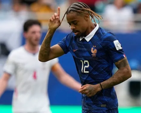France's Bradley Barcola celebrates scoring his side's second goal during the World Cup third-place playoff against England