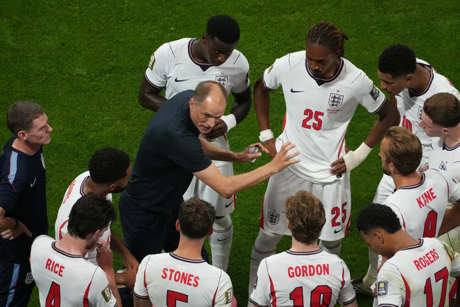 ATLANTA, GEORGIA - JULY 15: Thomas Tuchel, coach of England looks on when hydration break of first half during the FIFA World Cup 2026 Semi Final match between England and Argentina at Atlanta Stadium on July 15, 2026 in Atlanta, Georgia. (Photo by Masashi Hara/Getty Images)