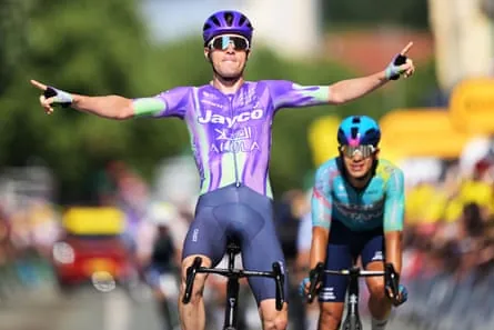 Mauro Schmid celebrates as he crosses the line in Belfort