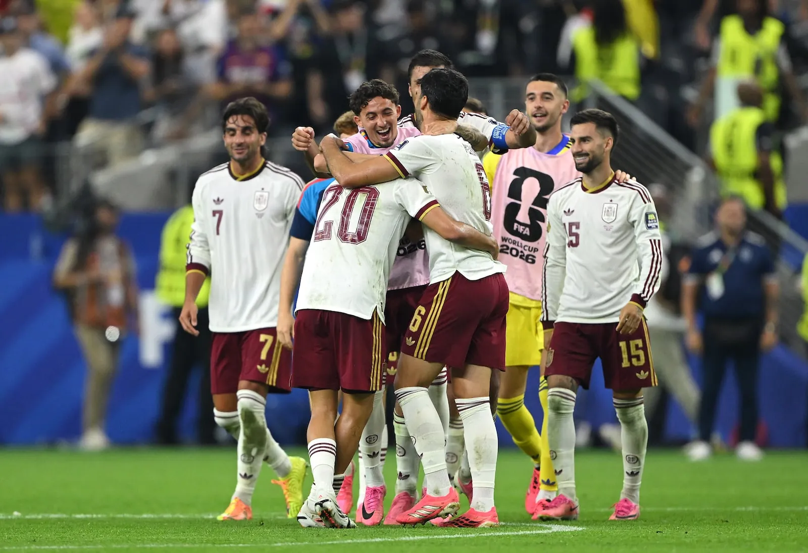 Spain's players celebrate their 2-0 victory over France at Dallas Stadium. Photograph: Shaun Botterill/Getty Images