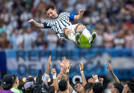 Lionel Messi is thrown in the air by teammates after Argentina’s victory over Egypt, also in Atlanta
