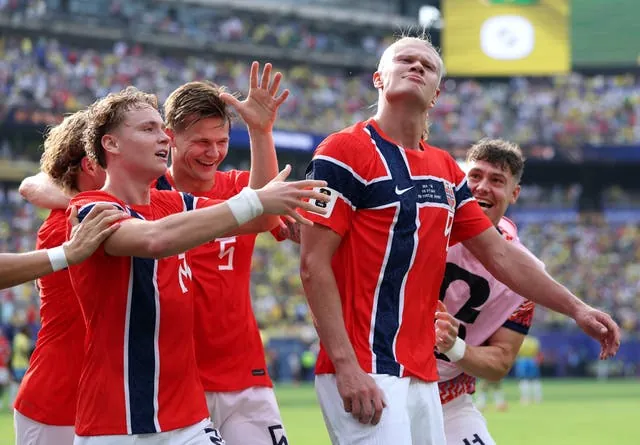 Erling Haaland celebrates scoring Norway's second goal