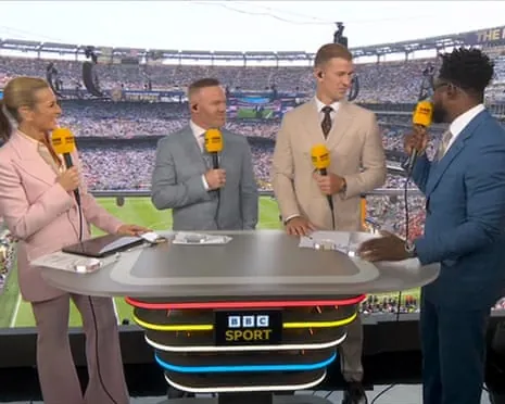 Gabby Logan, Wayne Rooney, Joe Hart and Micah Richards in the New York New Jersey Stadium for the final