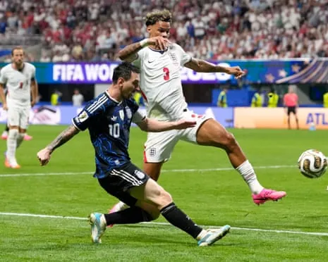 Argentina's Lionel Messi crosses the ball for Lautaro Martínez to score the winning goal against England