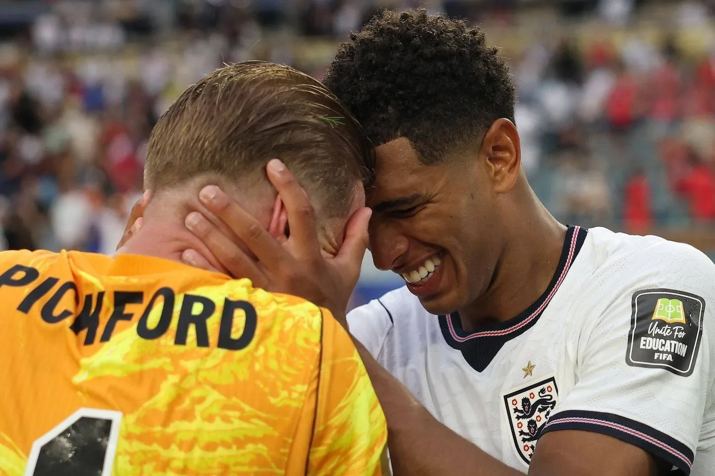 Jude Bellingham #10 and Jordan Pickford #1 of England celebrate after the 2-1 victory during the FIFA World Cup 2026 Quarter Final match between Norway and England at Miami Stadium on July 11, 2026 in Miami Gardens, Florida.