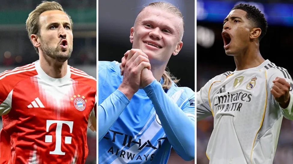 A composite image of Harry Kane, Erling Haaland and Jude Bellingham