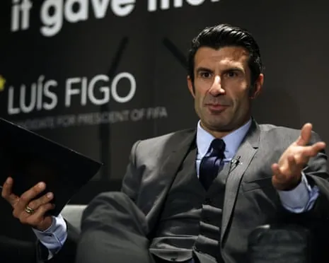 Luis Figo launching his Fifa presidential campaign in 2015.