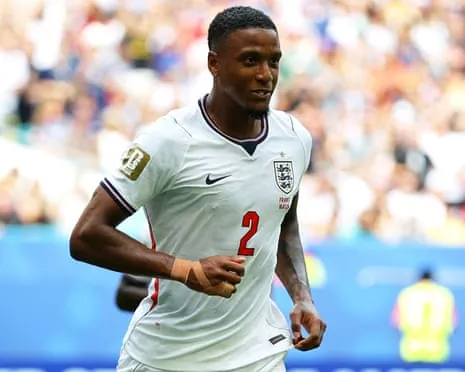 Ezri Konsa celebrates scoring England's second goal against France in the third place playoff