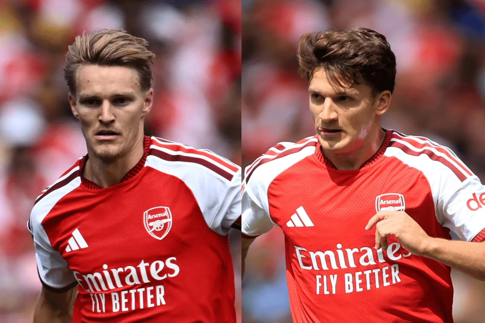 A split image of Martin Odegaard and Christos Tzolis playing for Arsenal